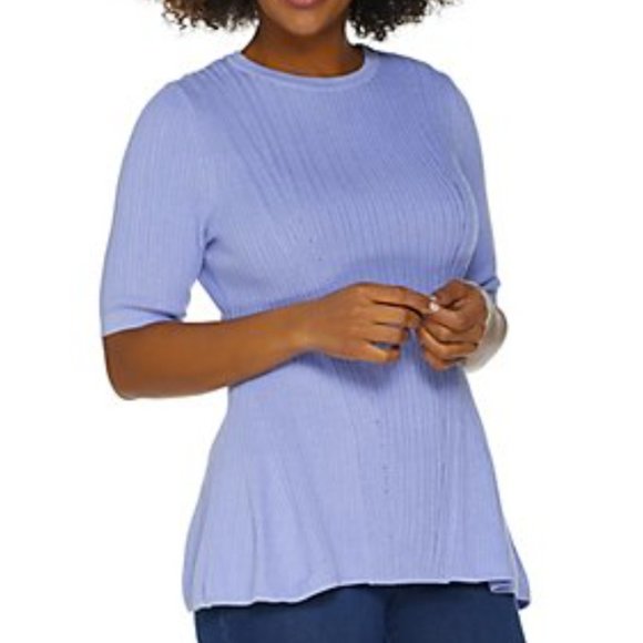 Isaac Mizrahi Live! Elbow Sleeve Mixed Stitch Peplum Sweater 9704 - Picture 3 of 3